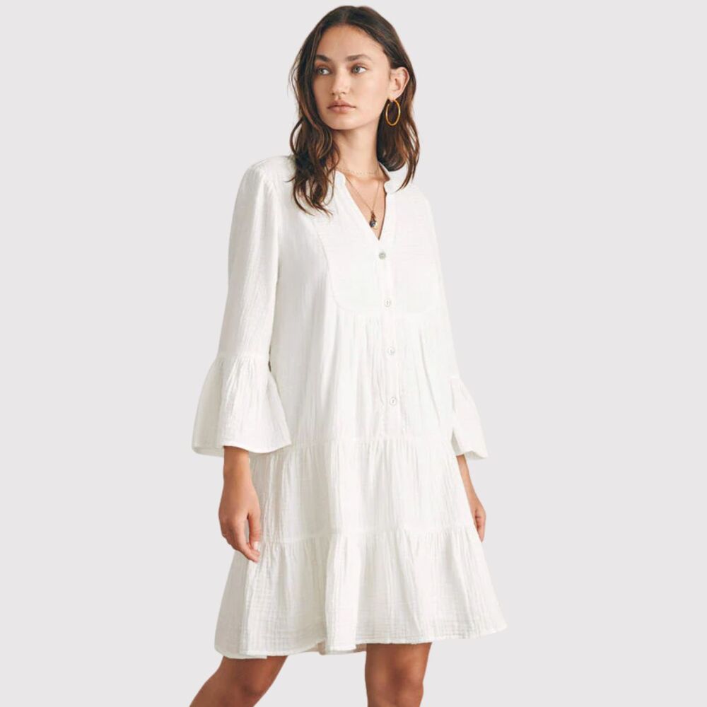 Faherty Dress White Mini Gauze Kasey V Neck Tiered Flared Coastal Cowgirl Medium